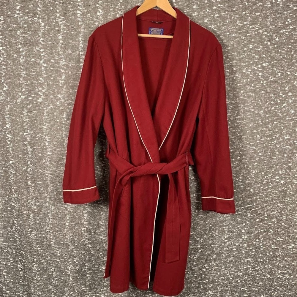 VTG Pendleton Mens Virgin Wool Red Robe Size Large Tie Waist Pockets Made in USA